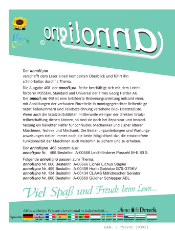 POSSEHL Harder Leichtförderer Förderband Typ Standard & Universal Bild- Bedienungsanleitung & Bild- Ersatzteilliste & Explosionszeichnungen - annoligno 468